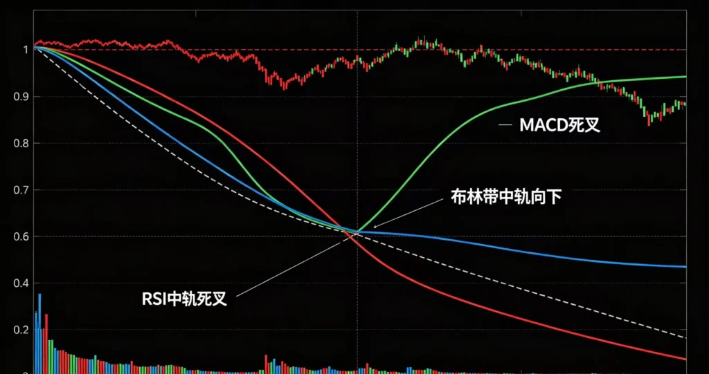 RSI 中轨死叉搭配 MACD 死叉、布林带中轨向下的多指标共振空头信号