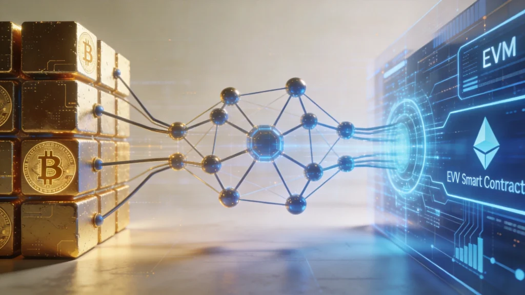 比特币Layer2技术架构示意图，Botanix Spiderchain质押网络与EVM执行层