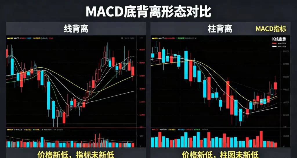线背离与柱背离两种 MACD 底背离形态的 K 线对比图