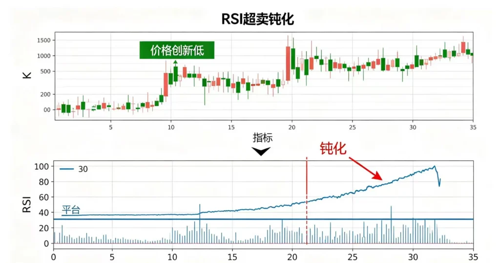 “RSI 指标线” 在 “30 超卖线” 以下长时间徘徊,而 “价格 K 线” 却继续下跌的 “钝化” 现象
