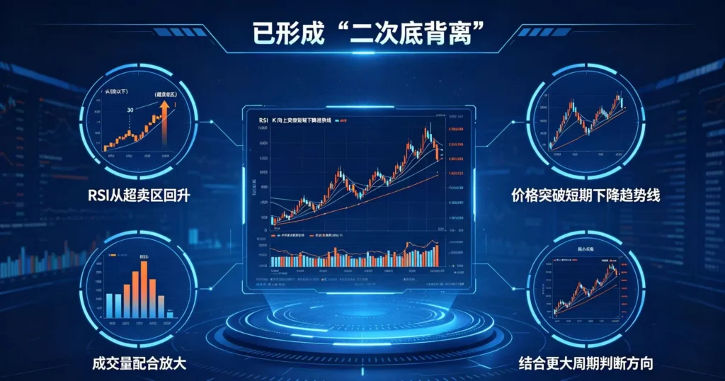 展示二次底背离需要结合的四个确认条件