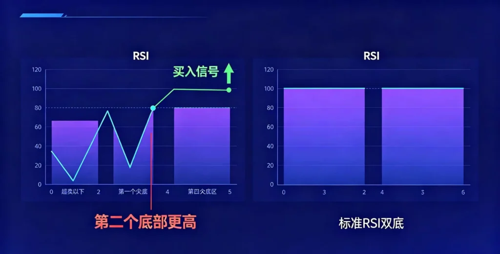 RSI 指标图在超卖区形成两个尖底，第二个底高于第一个底，突破中间高点时触发买入信号，并与标准双底形态对比。