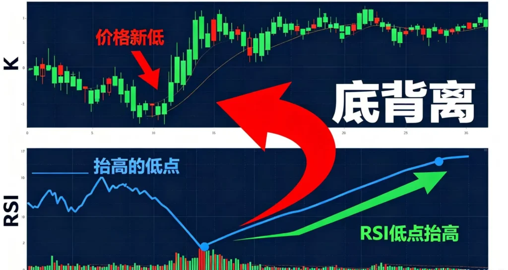 “RSI 底背离” 的经典形态,直观地展示 “价格创出新低” 但 “RSI 低点却抬高” 的背离结构,强调这是下跌动能衰减、反弹可能即将到来的重要信号。