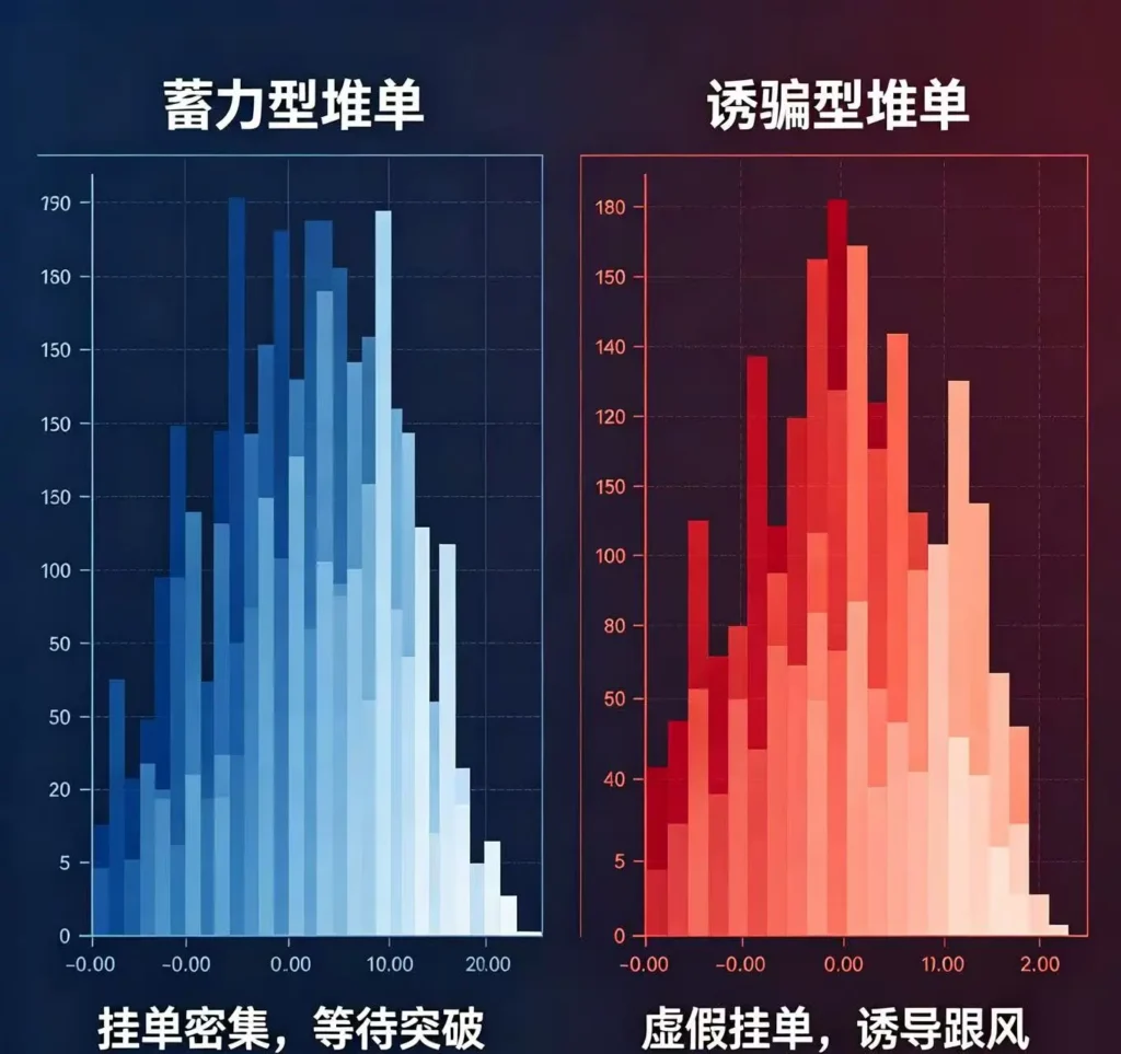 蓄力型堆单与诱骗型堆单两种订单簿挂单形态对比图