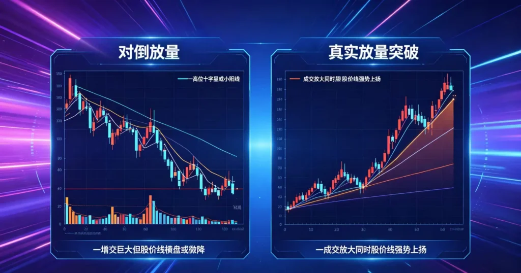 科技感神秘风格的示意图,通过两个并排子图,形象对比 “对倒放量” 与 “真实放量突破”。左图显示成交量巨大但股价横盘,右图显示成交量与股价同步上扬并突破高点。