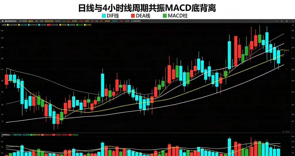 日线与 4 小时线周期共振的 MACD 底背离 K 线图