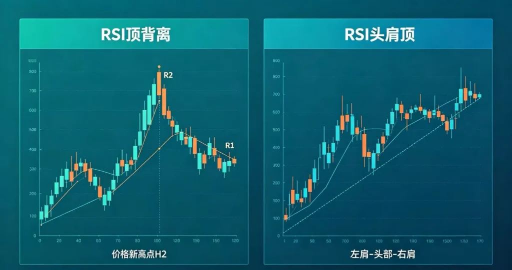 RSI 头肩顶与顶背离区别示意图