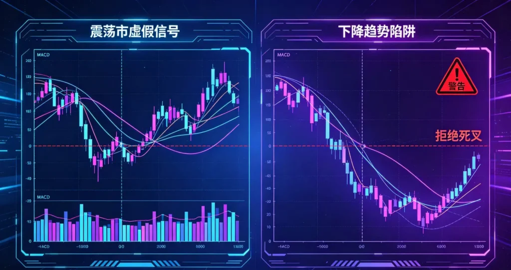 科技感神秘风格的示意图,通过两个并排子图,形象展示了两种常见误判:左图为震荡市中 MACD 线反复粘合的虚假信号,右图为下降趋势中零轴下方 “拒绝死叉” 的下跌中继陷阱。