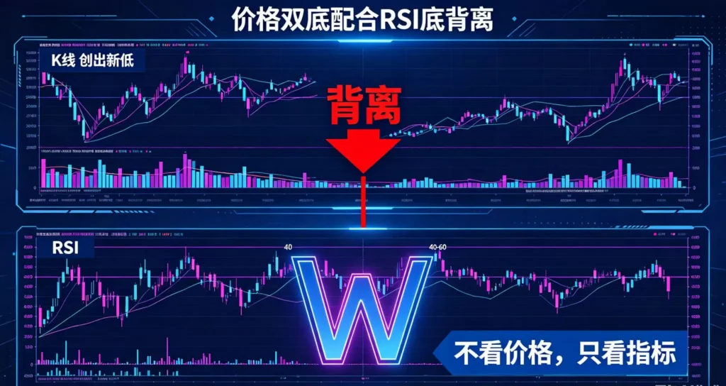  上图展示价格双底与 RSI 底背离（价格新低，RSI 未新低）；下图展示 RSI 指标自身在 40-60 区间内形成的 “W” 双底。