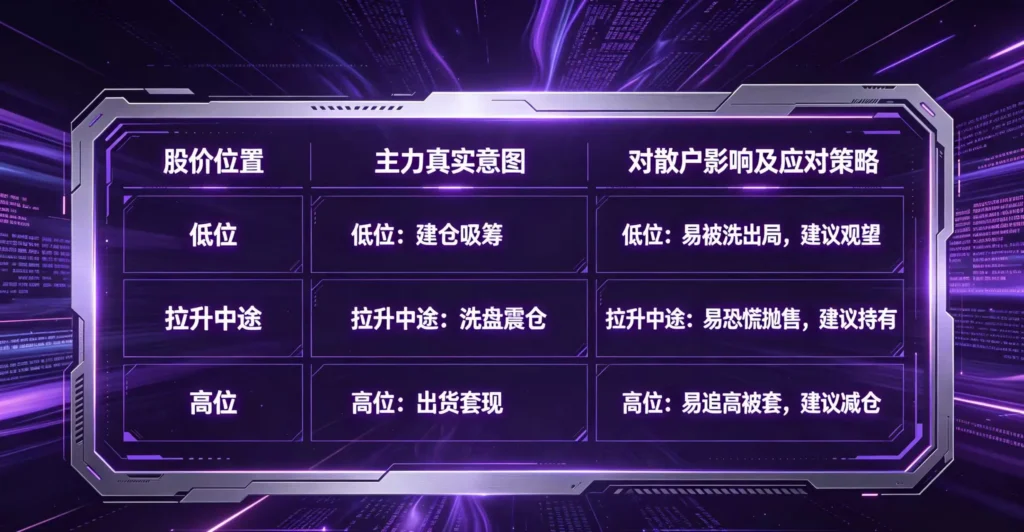 科技感神秘风格的信息图,以对比表格形式展示了 “对倒放量” 在股价低位、拉升中途、高位出现时,主力的意图、对散户的影响及应对策略。