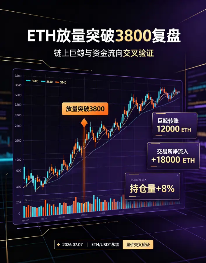 合约复盘：ETH放量突破3800，链上巨鲸转账与交易所净流入数据交叉验证